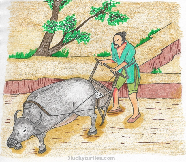 Image for post Illustration of a peasant farmer using an ox-pulled plow to plow his field.